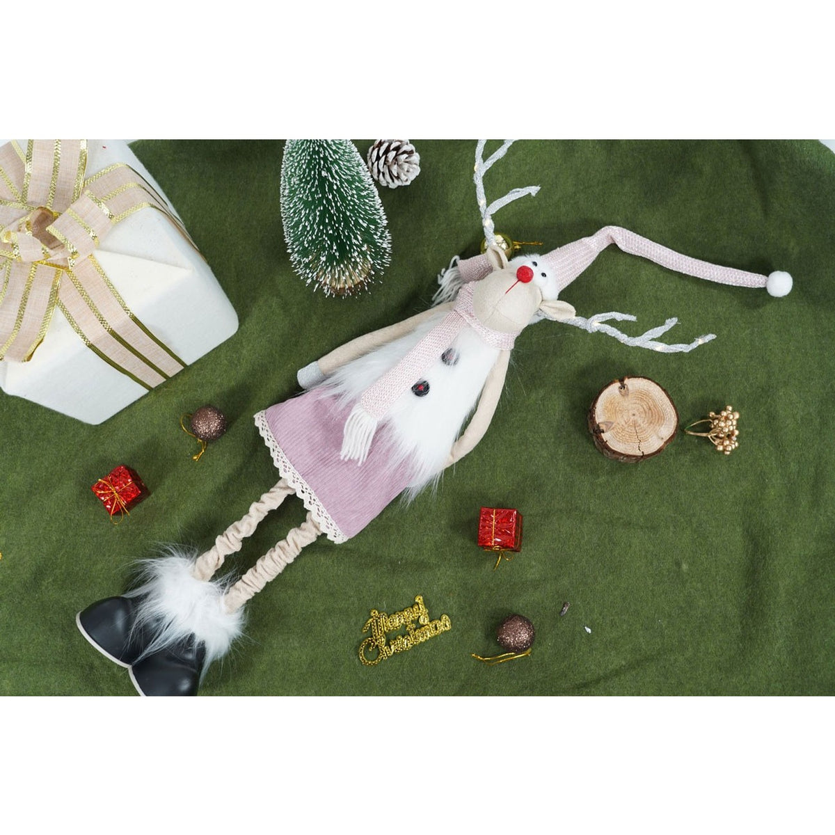 Decoratiune Craciun Ren Cu Picioare Telescopice, Figurina Festiva Reglabila Pe Inaltime, Material Textil Moale, Roz Si Alb, 72 cm