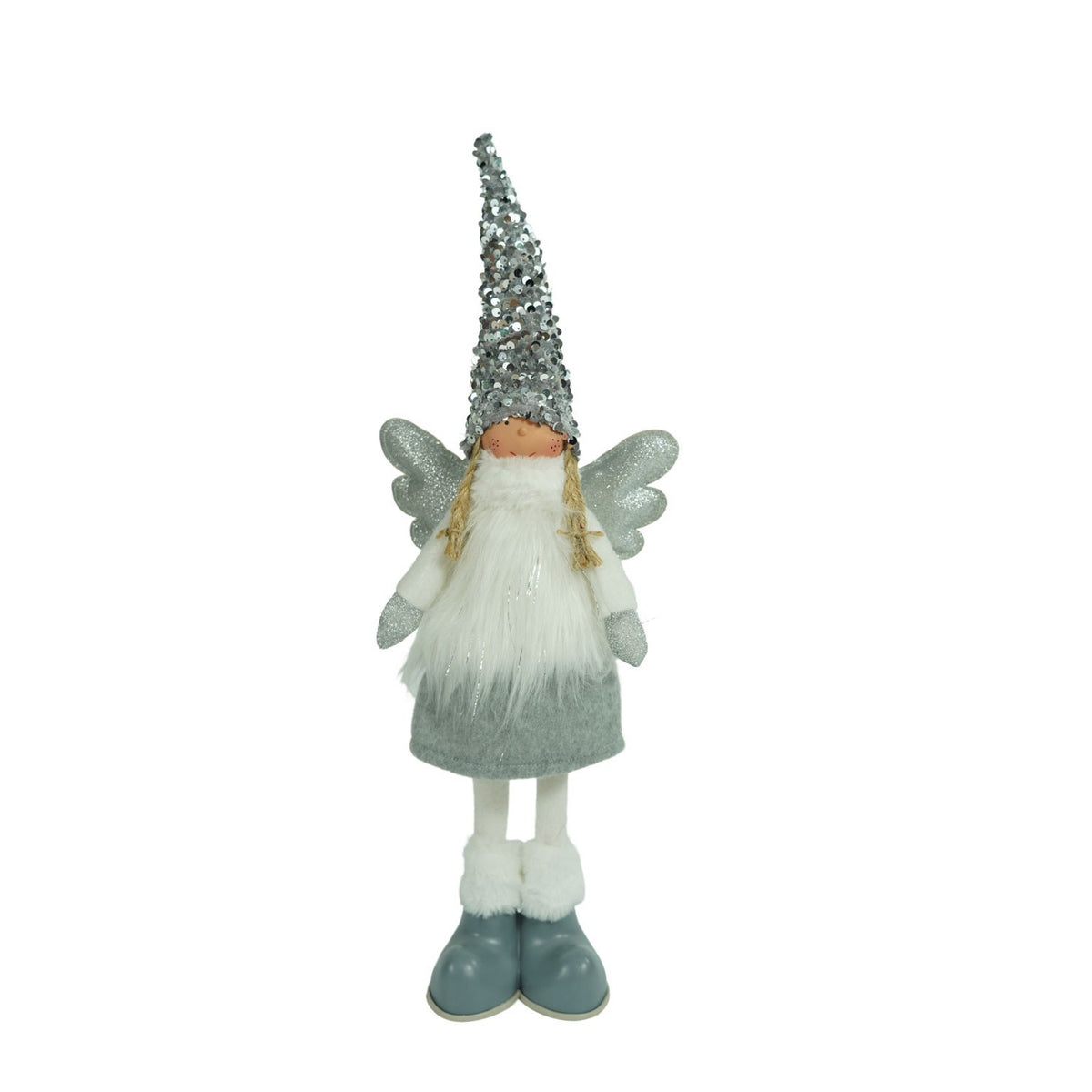 Decoratiune Craciun Ingeras, Figurina Fetita Cu Paiete Si Caciula Modelabila, Stativ, Textil Moale, 53 cm, Alb/Gri