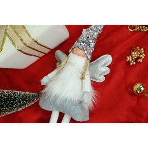 Decoratiune Craciun Ingeras, Figurina Fetita Cu Paiete Si Caciula Modelabila, Stativ, Textil Moale, 53 cm, Alb/Gri
