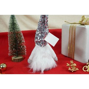 Decoratiune Craciun Ingeras, Figurina Fetita cu Paiete si Caciula Modelabila, Statueta pentru Sezut, Material Textil Moale, Alb si Gri, 58 cm