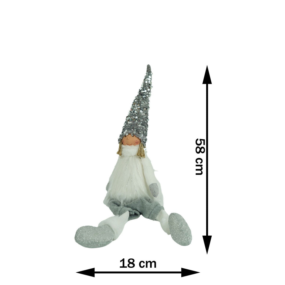 Decoratiune Craciun Ingeras, Figurina Fetita cu Paiete si Caciula Modelabila, Statueta pentru Sezut, Material Textil Moale, Alb si Gri, 58 cm