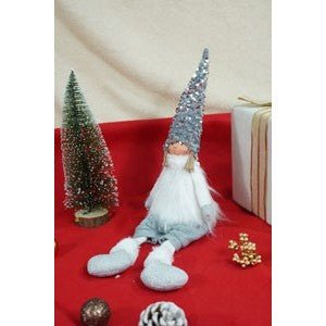 Decoratiune Craciun Ingeras, Figurina Fetita cu Paiete si Caciula Modelabila, Statueta pentru Sezut, Material Textil Moale, Alb si Gri, 58 cm