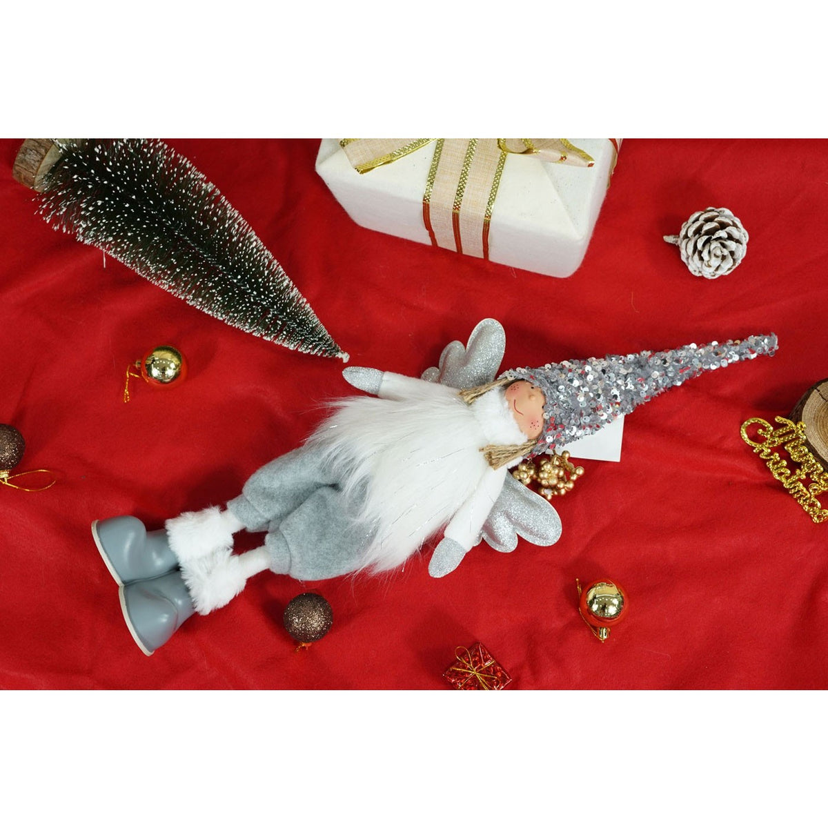 Decoratiune De Craciun Ingeras, Figurina Fetita Cu Paiete Si Caciula Flexibila, Model Stativ Pentru Podea, Material Textil, Alb Si Gri, 53 cm