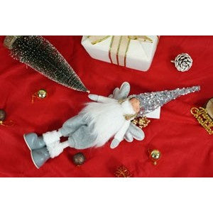 Decoratiune De Craciun Ingeras, Figurina Fetita Cu Paiete Si Caciula Flexibila, Model Stativ Pentru Podea, Material Textil, Alb Si Gri, 53 cm