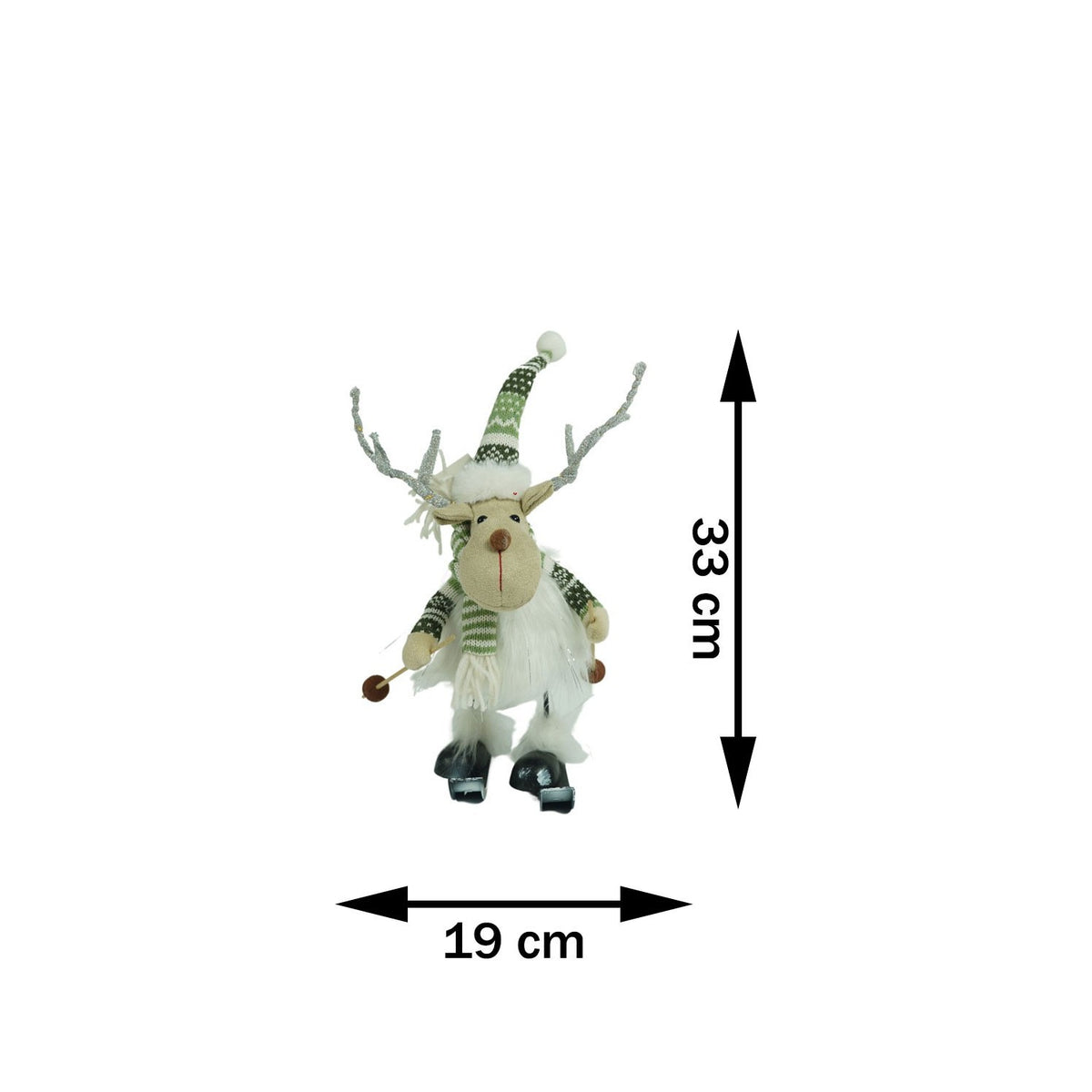Decoratiune De Craciun Ren Pe Schiuri Cu Arc Miscare, Figurina Festiva, Material Textil Moale, Alb/Verde, 33 cm