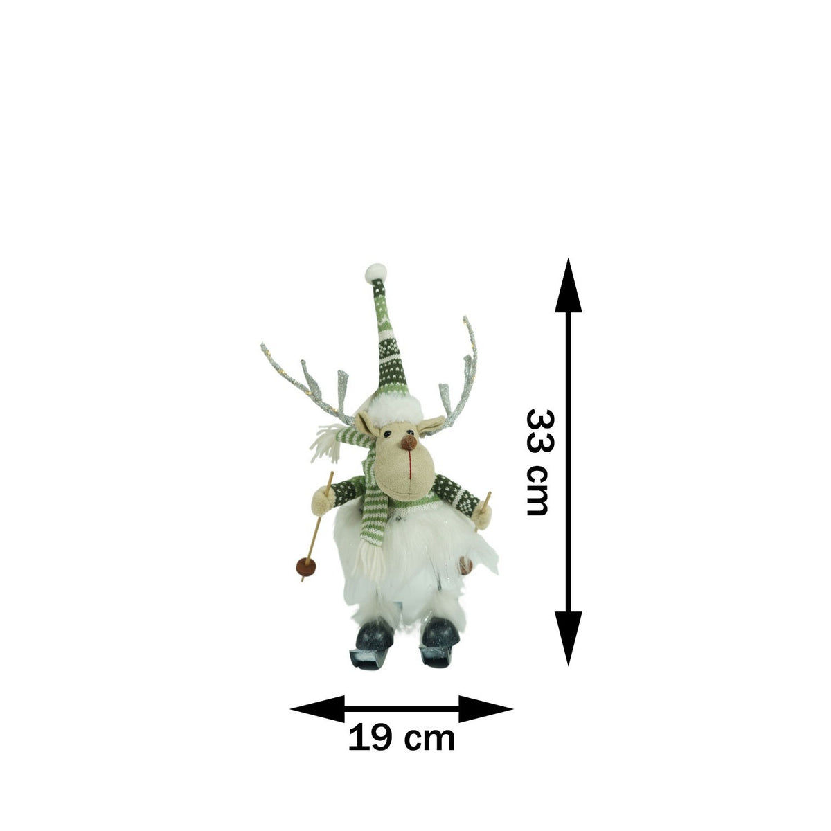 Decoratiune de Craciun Ren pe Schiuri cu Arc, Figurina Mobila pentru Interior, Material Textil Moale, Alb si Verde, 33 cm