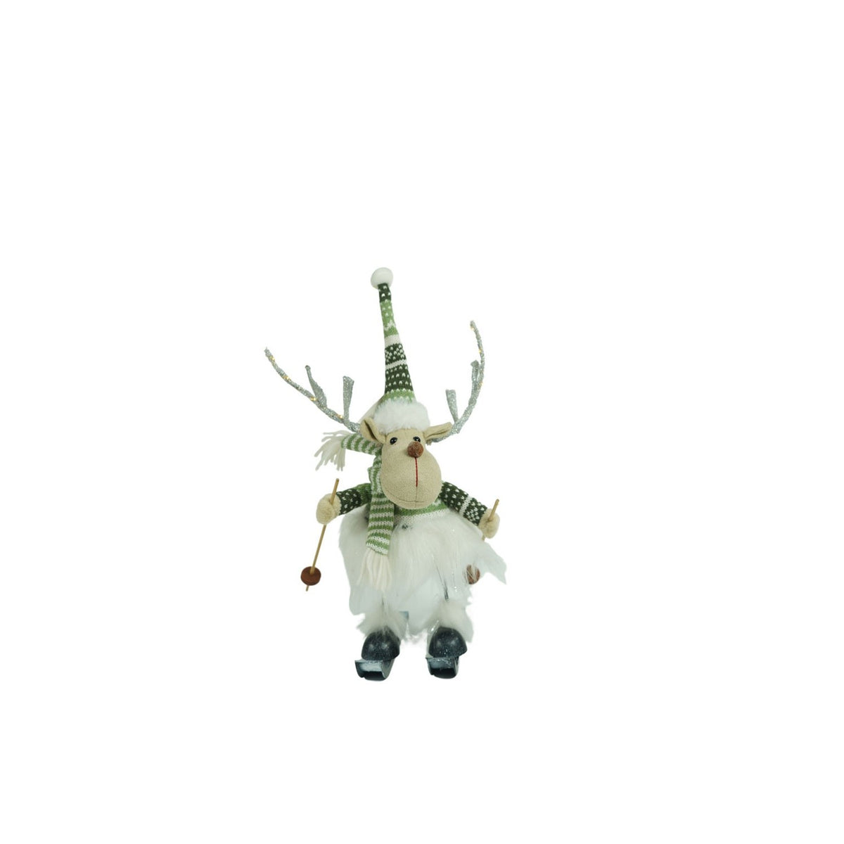 Decoratiune de Craciun Ren pe Schiuri cu Arc, Figurina Mobila pentru Interior, Material Textil Moale, Alb si Verde, 33 cm