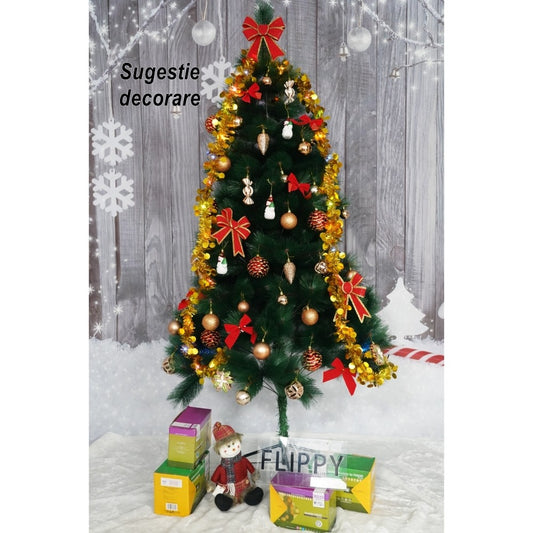 Brad Artificial de Craciun Tip Pin, Model Clasic Interior si Exterior, Ace 2D, Suport Metalic Inclus, Inaltime 120 cm, Verde