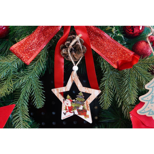 Ornament De Brad Stea Cu Mos Craciun, Decoratiune De Craciun Suspendata, Lemn, Multicolor, 9.9 x 9.5 cm