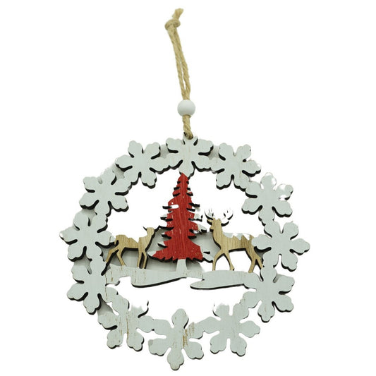 Ornament De Brad Cu Cerbi Și Pin, Decorațiune Crăciun De Agățat, Lemn, Multicolor, 12 x 12 cm
