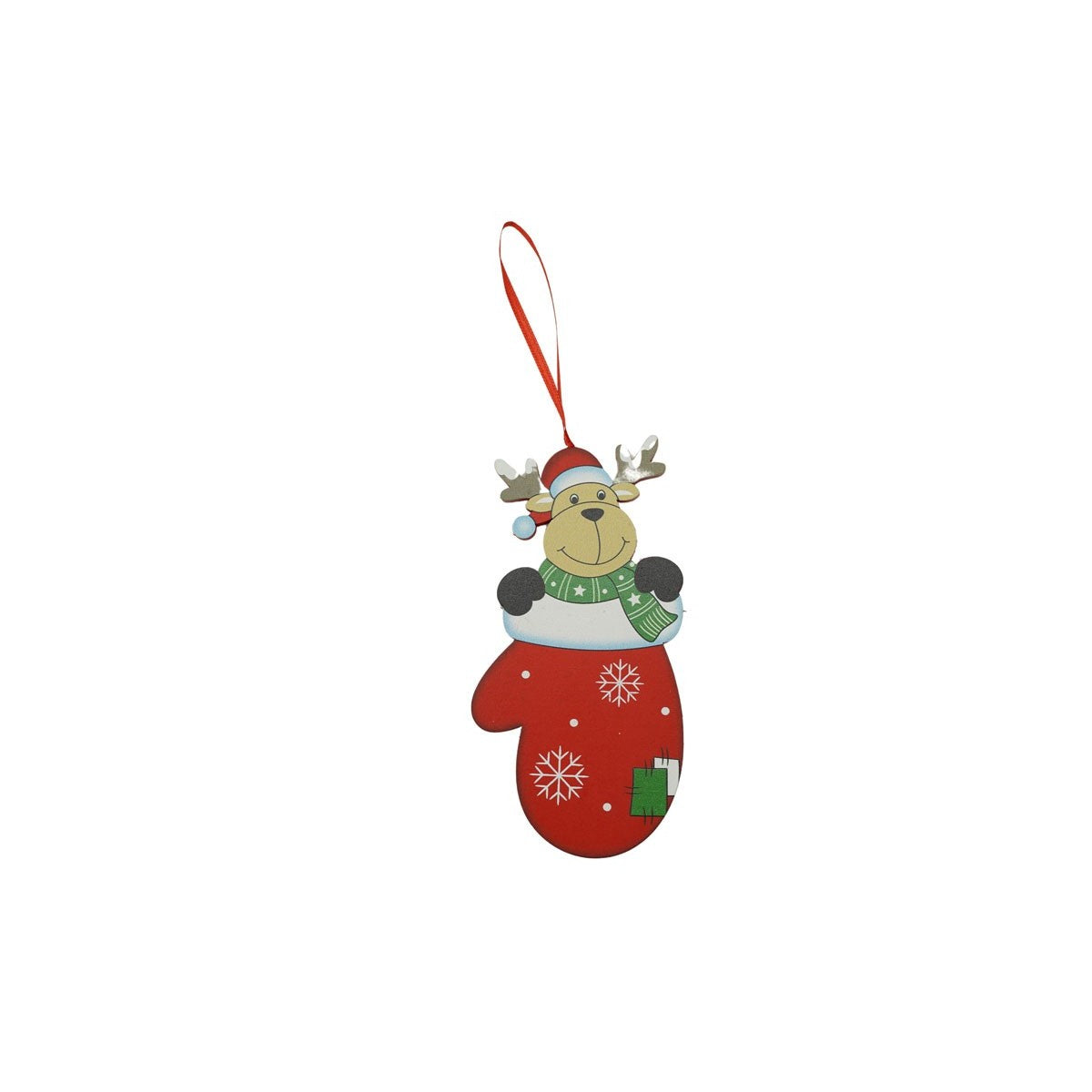 Ornament Craciun Ren in Manusa, Decoratiune Suspendabila pentru Brad, Lemn, Rosu, 14 x 7.5 cm