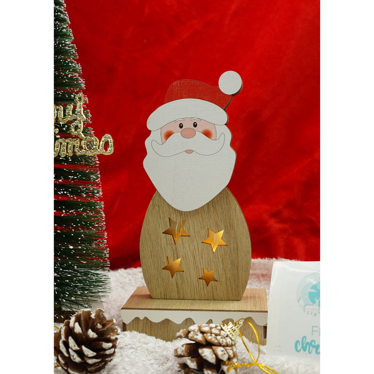 Decorațiune Luminoasă Moș Crăciun, Figurină Decorativă cu LED, Lemn Natural, 19 cm, Maro