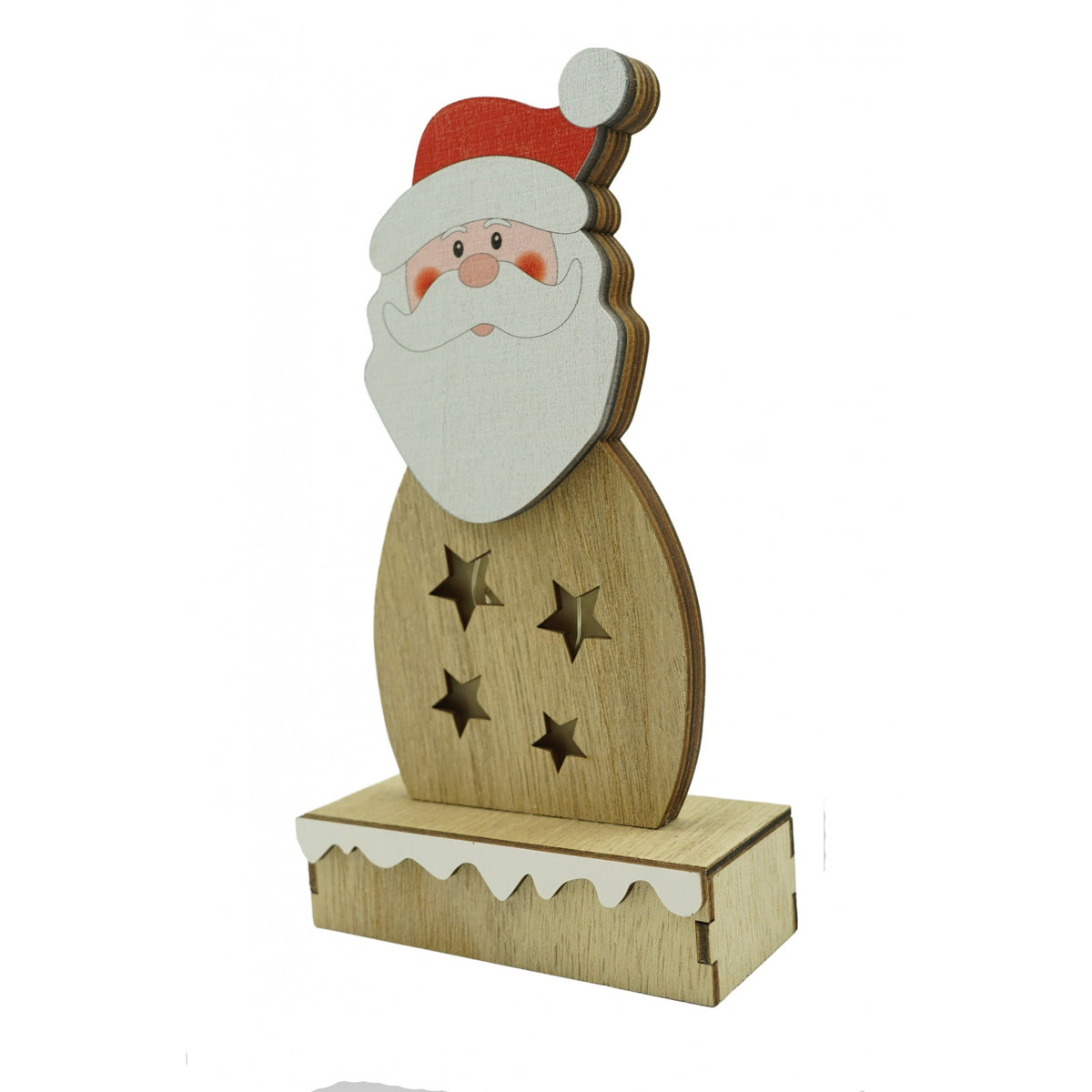 Decorațiune Luminoasă Moș Crăciun, Figurină Decorativă cu LED, Lemn Natural, 19 cm, Maro