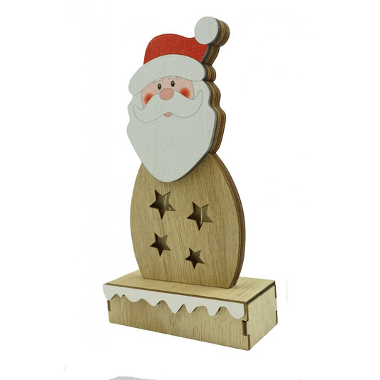 Decorațiune Luminoasă Moș Crăciun, Figurină Decorativă cu LED, Lemn Natural, 19 cm, Maro
