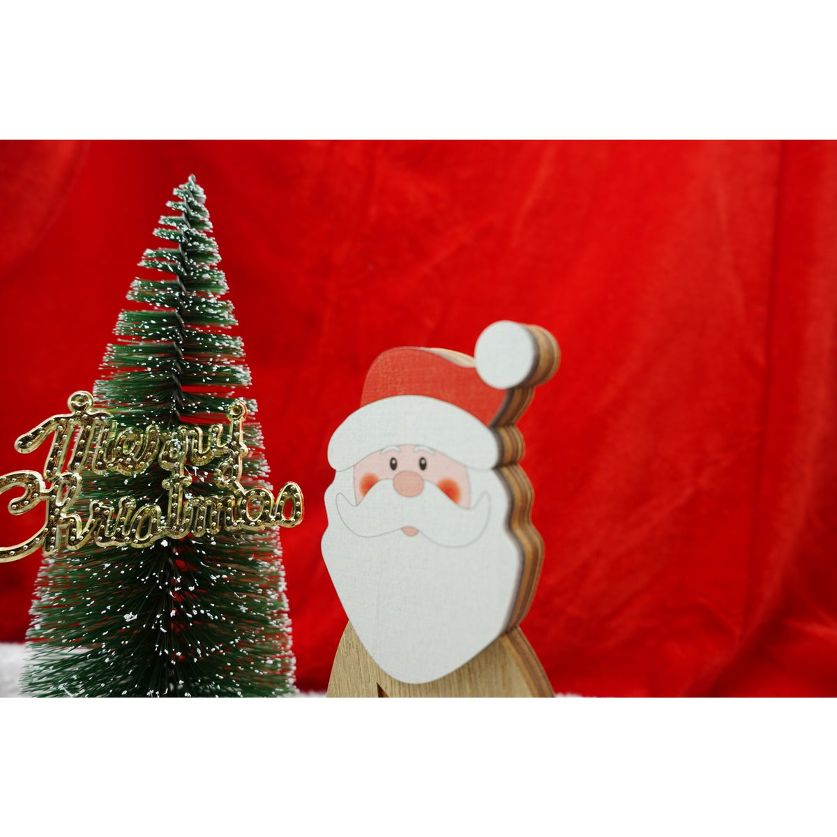 Decorațiune Luminoasă Moș Crăciun, Figurină Decorativă cu LED, Lemn Natural, 19 cm, Maro