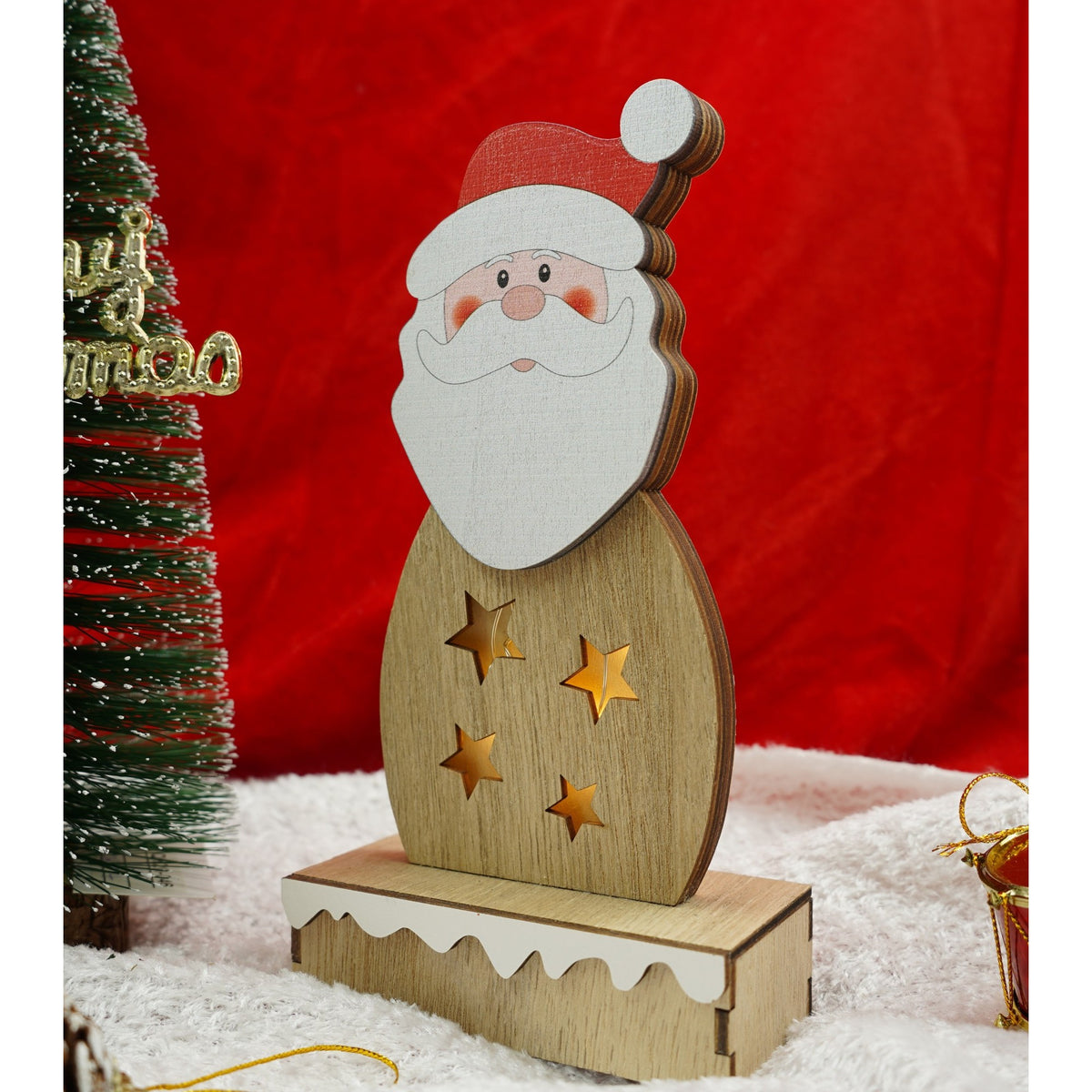 Decorațiune Luminoasă Moș Crăciun, Figurină Decorativă cu LED, Lemn Natural, 19 cm, Maro