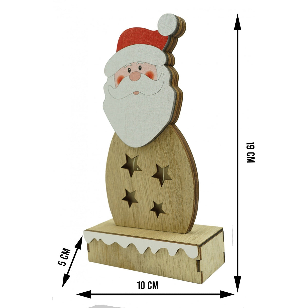 Decorațiune Luminoasă Moș Crăciun, Figurină Decorativă cu LED, Lemn Natural, 19 cm, Maro