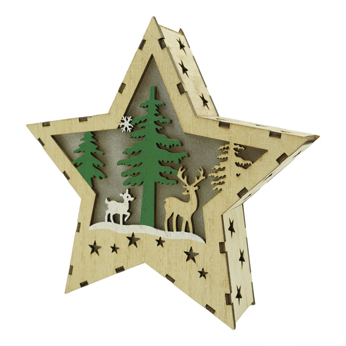 Decoratiune Luminoasa de Craciun, Model Stea cu Reni, Lemn Natural, 1 LED, Interior si Exterior, Maro, 18 x 18 x 4 cm