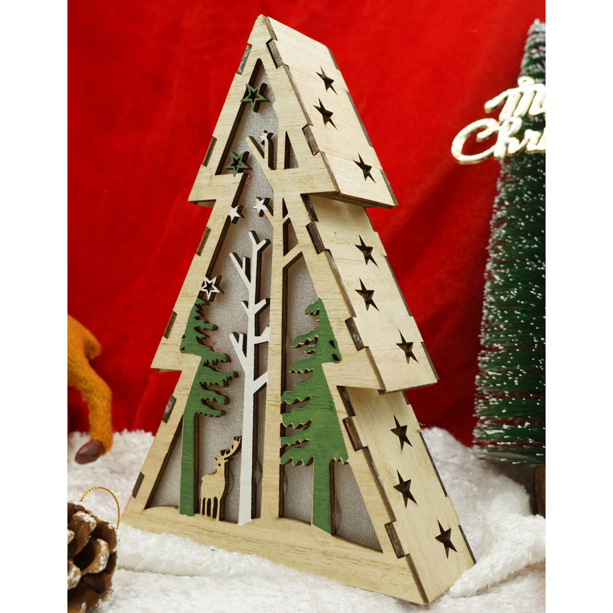 Decoratiune Luminoasa de Craciun, Brad cu Peisaj de Iarna si LED, Lemn Natural, 14 x 5 x 20 cm, Maro