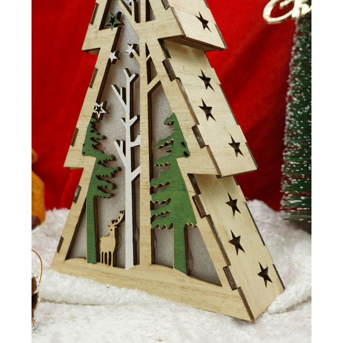Decoratiune Luminoasa de Craciun, Brad cu Peisaj de Iarna si LED, Lemn Natural, 14 x 5 x 20 cm, Maro