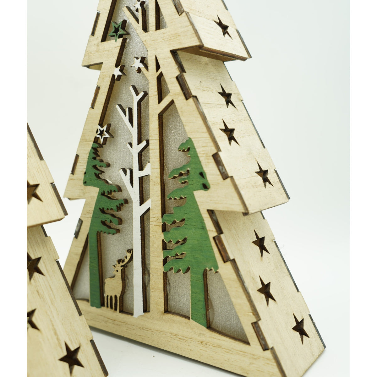 Decoratiune Luminoasa de Craciun, Brad cu Peisaj de Iarna si LED, Lemn Natural, 14 x 5 x 20 cm, Maro