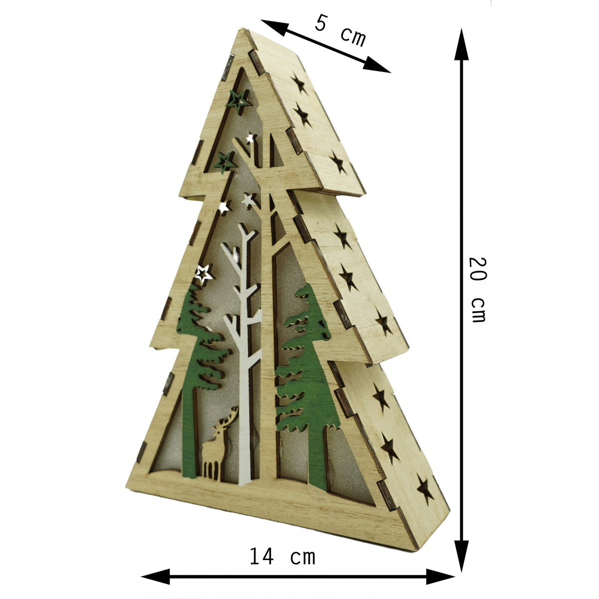 Decoratiune Luminoasa de Craciun, Brad cu Peisaj de Iarna si LED, Lemn Natural, 14 x 5 x 20 cm, Maro