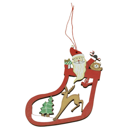Ornament De Brad Mos Craciun Cu Cerb, Decoratiune De Craciun Suspendabila, Lemn, Multicolor, 10 cm