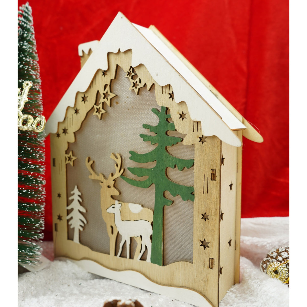 Decoratiune Craciun Casuta cu Reni, Figurina Luminoasa din Lemn, Ornament Festiv pentru Interior si Exterior, Maro, 18 x 5 x 21 cm
