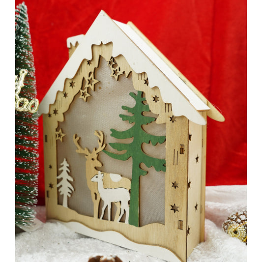 Decoratiune Craciun Casuta cu Reni, Figurina Luminoasa din Lemn, Ornament Festiv pentru Interior si Exterior, Maro, 18 x 5 x 21 cm