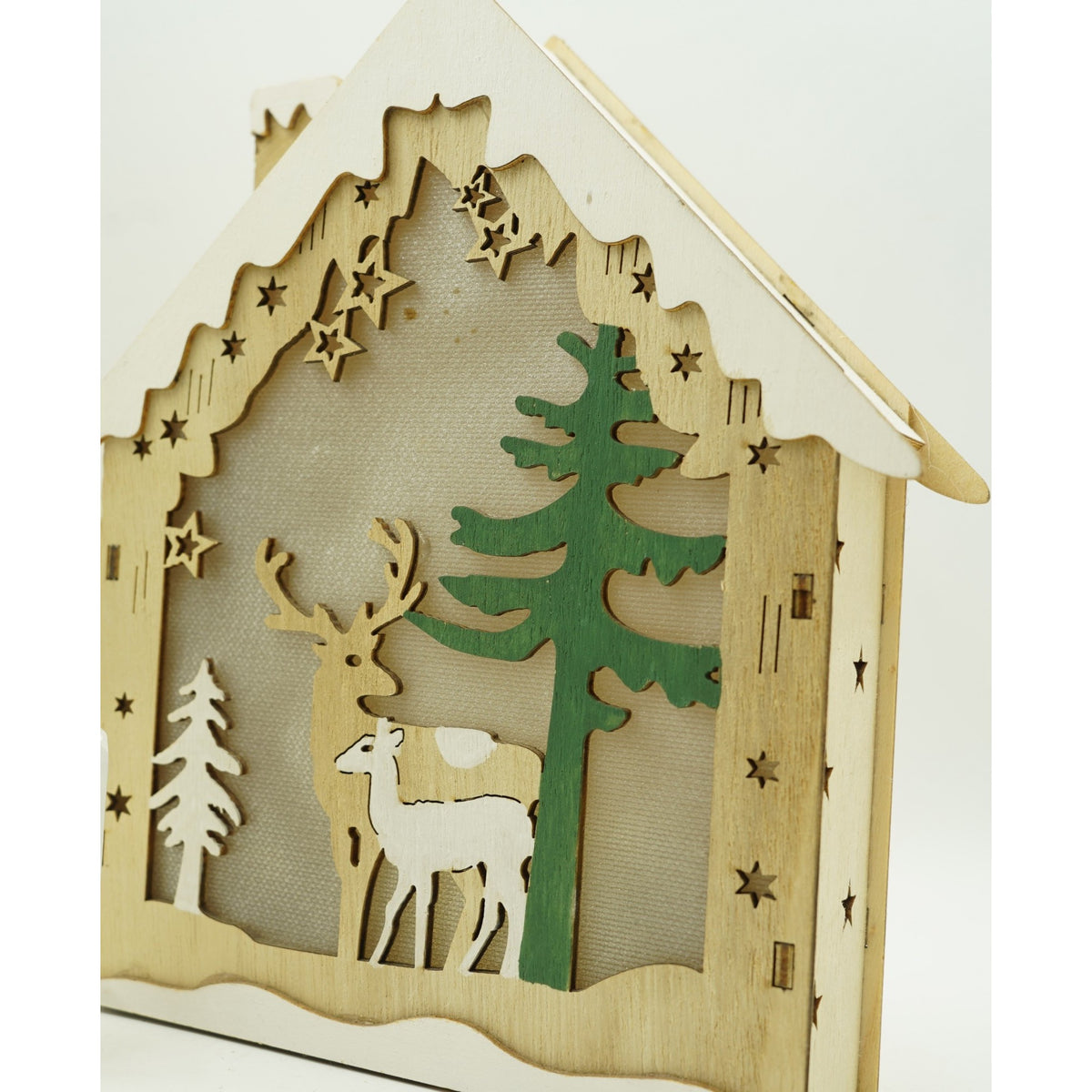 Decoratiune Craciun Casuta cu Reni, Figurina Luminoasa din Lemn, Ornament Festiv pentru Interior si Exterior, Maro, 18 x 5 x 21 cm
