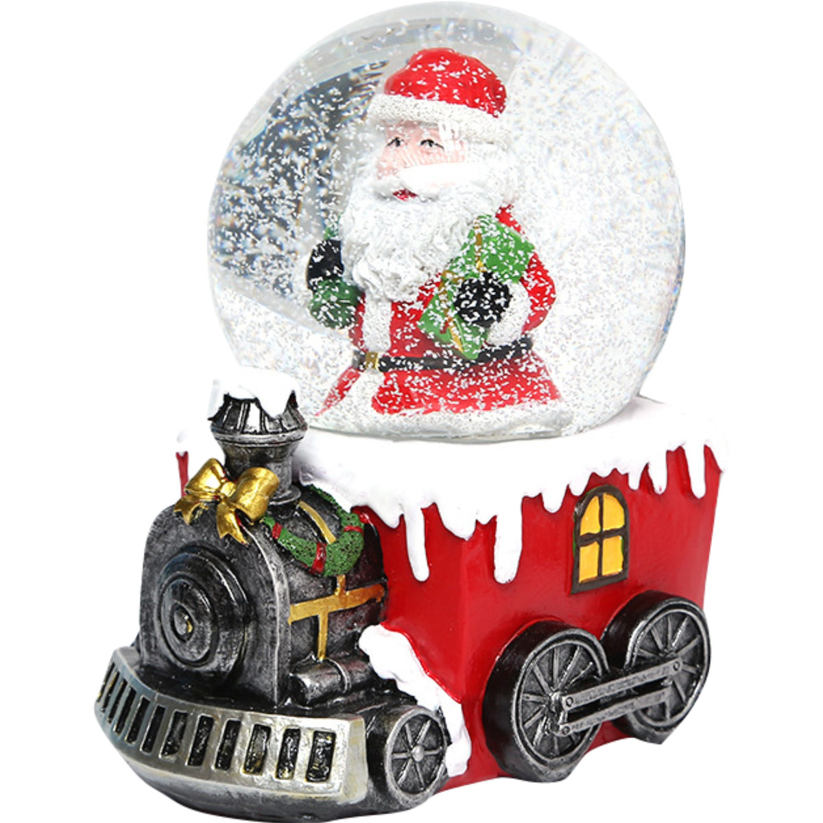 Glob Cu Zapada Muzical Si Lumini LED, Decoratiune Craciun Mos Craciun Pe Tren, Sticla Si Rasina, 10x13 cm, Multicolor