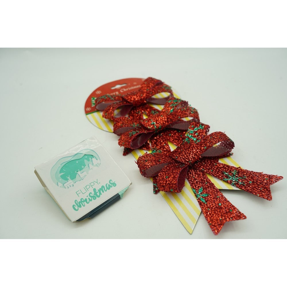 Set 3 Fundițe Decorative pentru Brad de Crăciun, Model Fulgi de Nea cu Sclipici, Poliester, 8 x 12 cm, Roșu