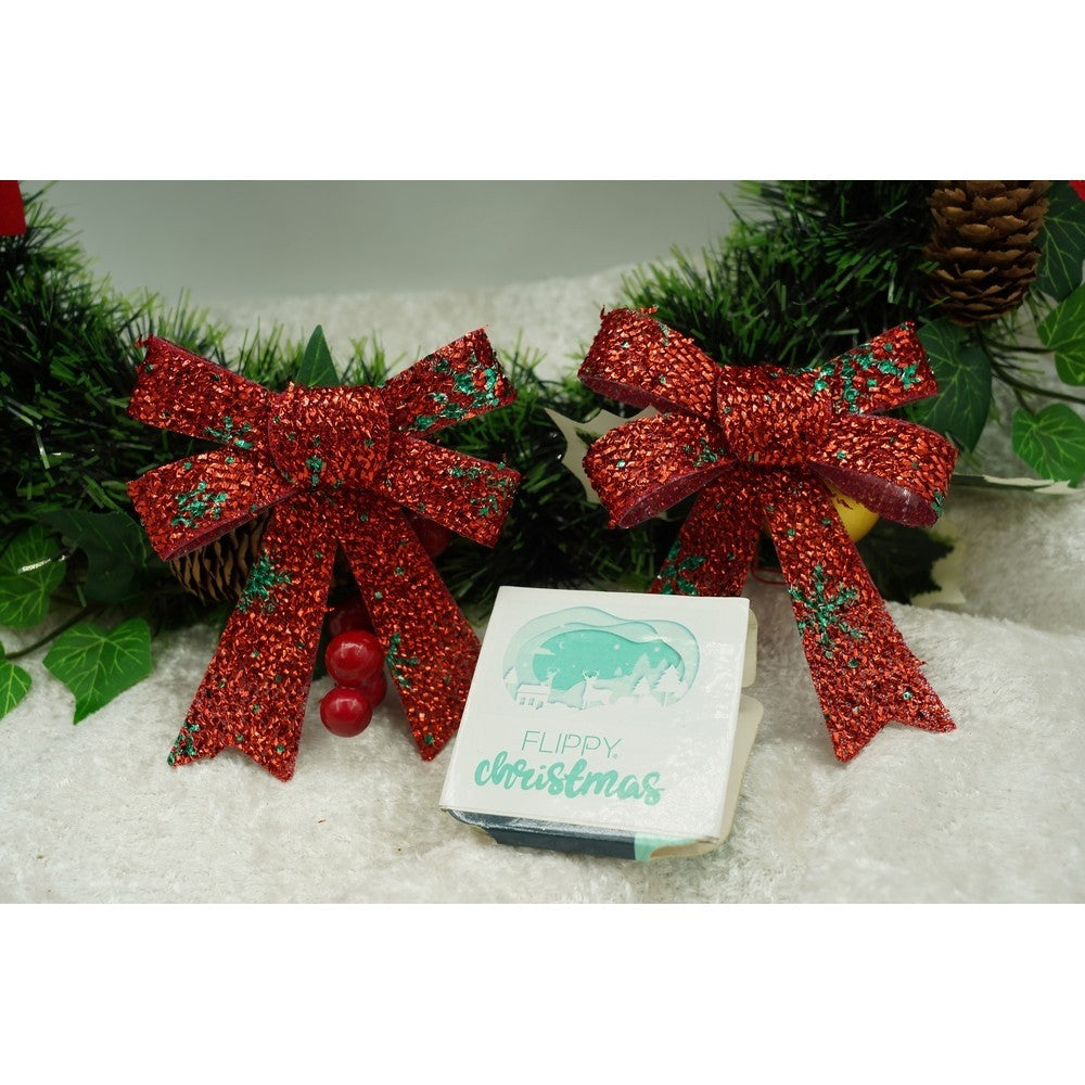 Set 3 Fundițe Decorative pentru Brad de Crăciun, Model Fulgi de Nea cu Sclipici, Poliester, 8 x 12 cm, Roșu
