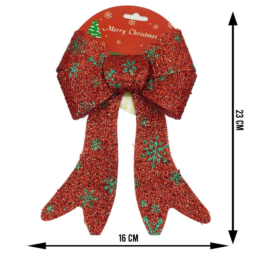 Funda pentru Brad de Craciun, Model Fulgi de Nea cu Sclipici, Poliester, Rosie, 16 x 23 cm
