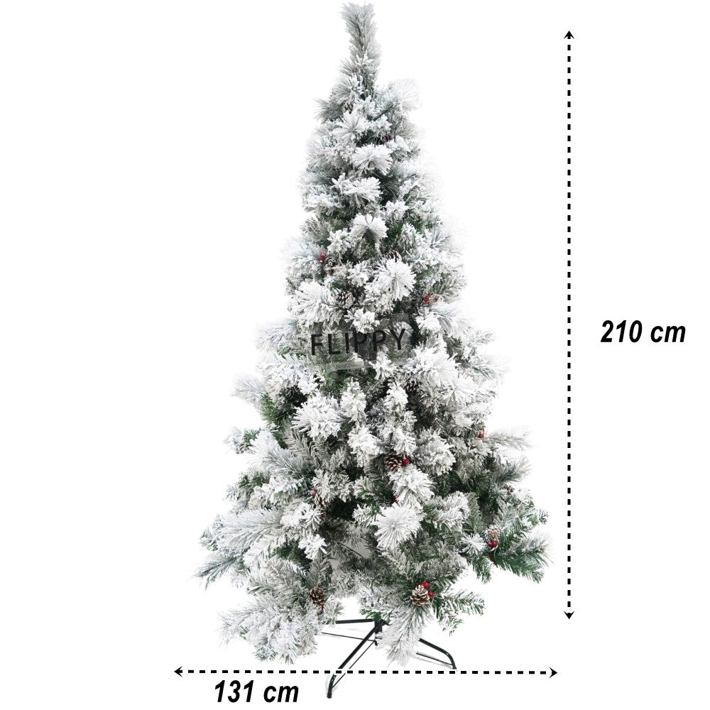 Brad Artificial de Craciun Nins, Decorat cu Conuri de Pin, Aspect Natural, PVC, Inaltime 210 cm, 630 Ramuri, Diametru 131 cm, Alb si Verde, Suport Metalic Inclus