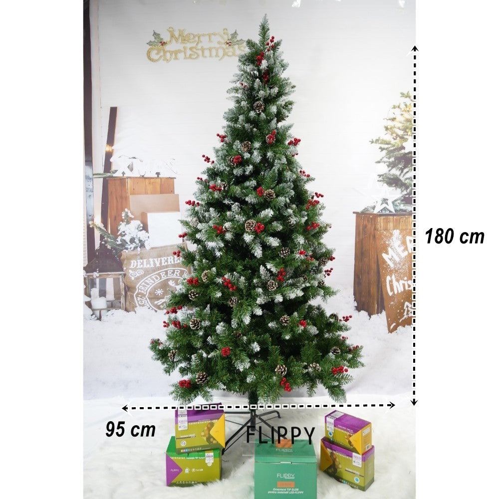 Brad Artificial de Crăciun Nins, Model cu Conuri de Pin Roșii, Aspect Natural, 319 Ramuri, Suport Metalic Inclus, Înălțime 180 cm, Diametru 95 cm, Verde