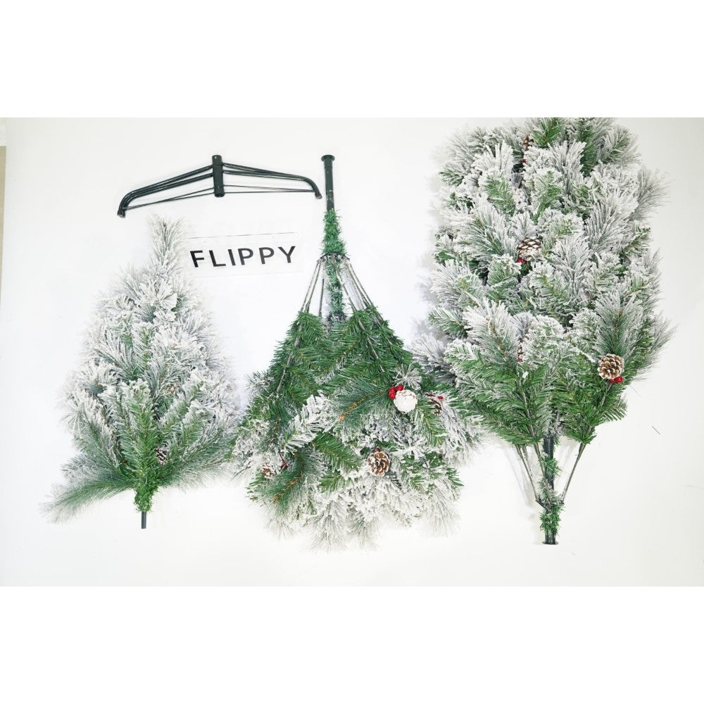Brad Artificial de Crăciun Nins Intens, Decorat cu Conuri de Pin, 502 Ramuri, Suport Metalic Inclus, Interior și Exterior, Înălțime 180 cm, Diametru 120 cm, Alb și Verde