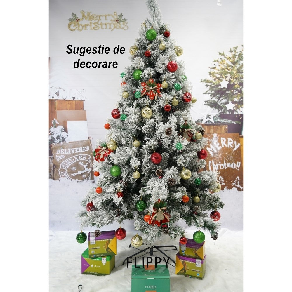 Brad Artificial de Crăciun Nins Intens, Decorat cu Conuri de Pin, 502 Ramuri, Suport Metalic Inclus, Interior și Exterior, Înălțime 180 cm, Diametru 120 cm, Alb și Verde