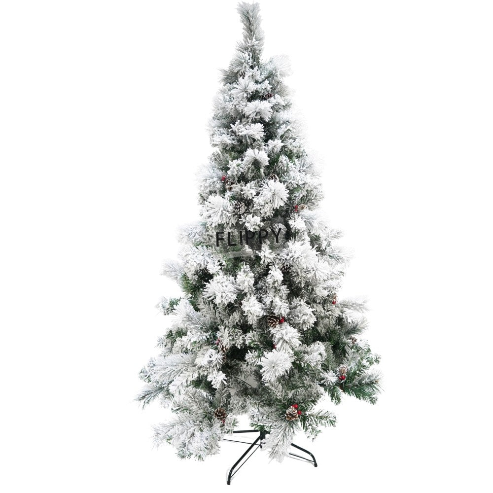 Brad Artificial de Crăciun Nins Intens, Decorat cu Conuri de Pin, 502 Ramuri, Suport Metalic Inclus, Interior și Exterior, Înălțime 180 cm, Diametru 120 cm, Alb și Verde