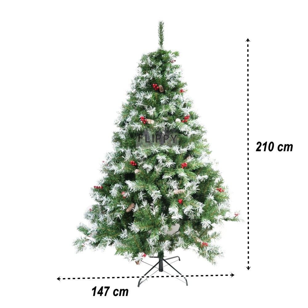 Brad Artificial de Craciun Nins, Decorat cu Conuri de Pin, Aspect Natural, 1150 Ramuri, Suport Metalic Inclus, Inaltime 210 cm, Diametru 147 cm, Verde