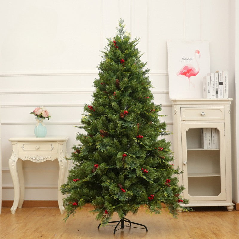 Brad Artificial de Craciun Bogat, Decorat cu Conuri de Pin Rosii, Ace Aspect Natural PE si PVC, 1652 Ramuri, Suport Metalic Inclus, Inaltime 240 cm, Verde