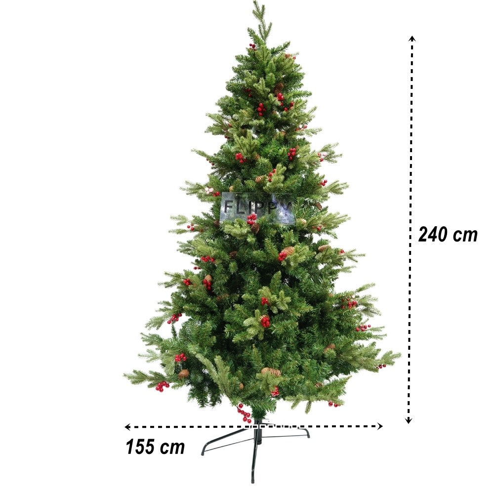 Brad Artificial de Craciun Bogat, Decorat cu Conuri de Pin Rosii, Ace Aspect Natural PE si PVC, 1652 Ramuri, Suport Metalic Inclus, Inaltime 240 cm, Verde