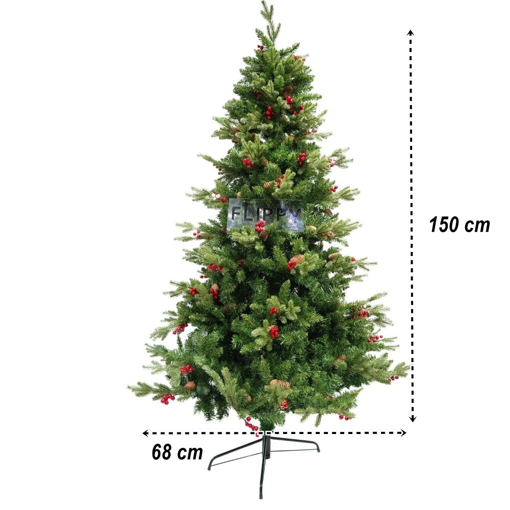 Brad Artificial de Craciun, Ace 2D cu Conuri de Pin Rosii, Aspect Natural Bogat, 506 Ramuri, Suport Metalic Inclus, Inaltime 150 cm, Diametru 68 cm, Verde