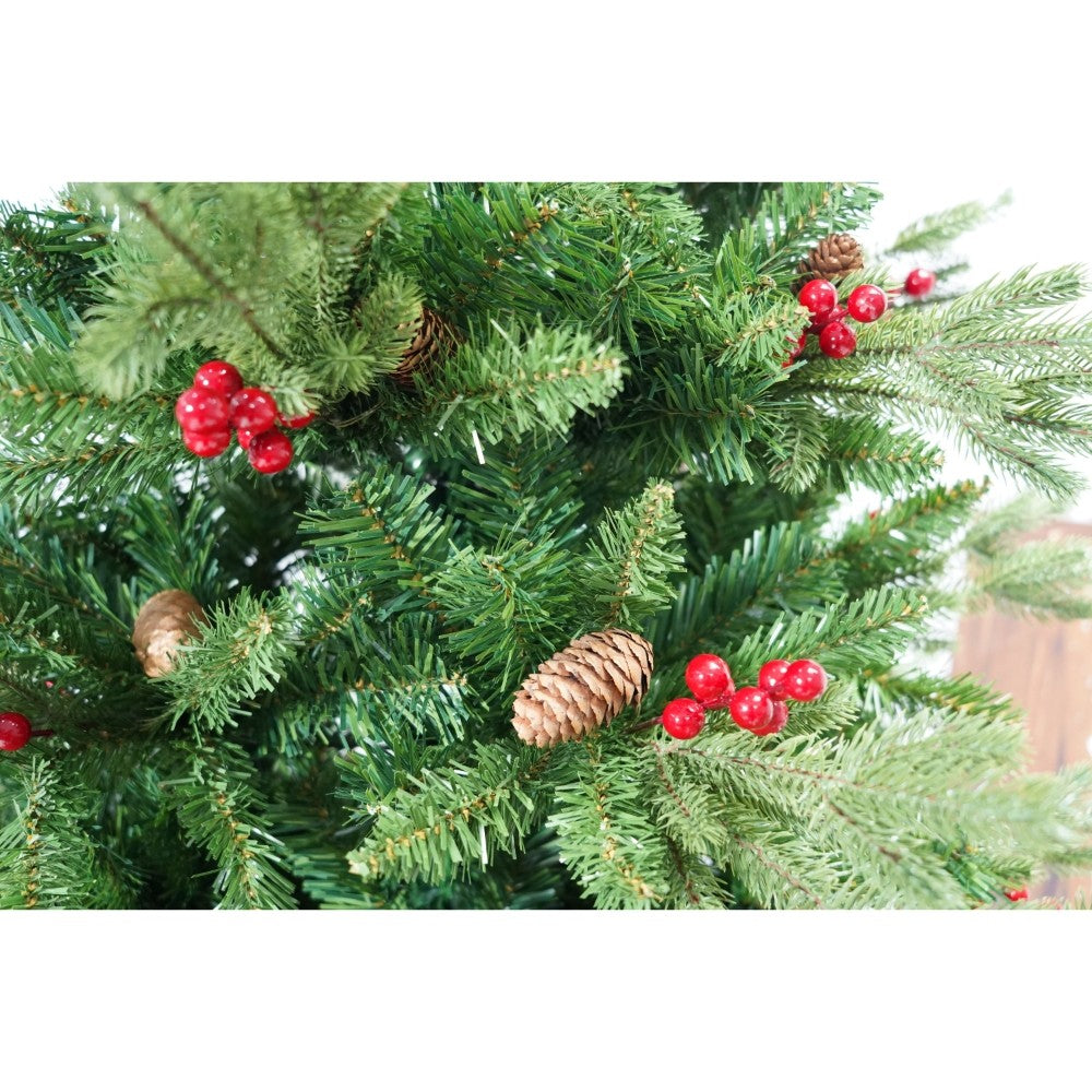 Brad Artificial de Craciun, Ace 2D cu Conuri de Pin Rosii, Aspect Natural Bogat, 506 Ramuri, Suport Metalic Inclus, Inaltime 150 cm, Diametru 68 cm, Verde