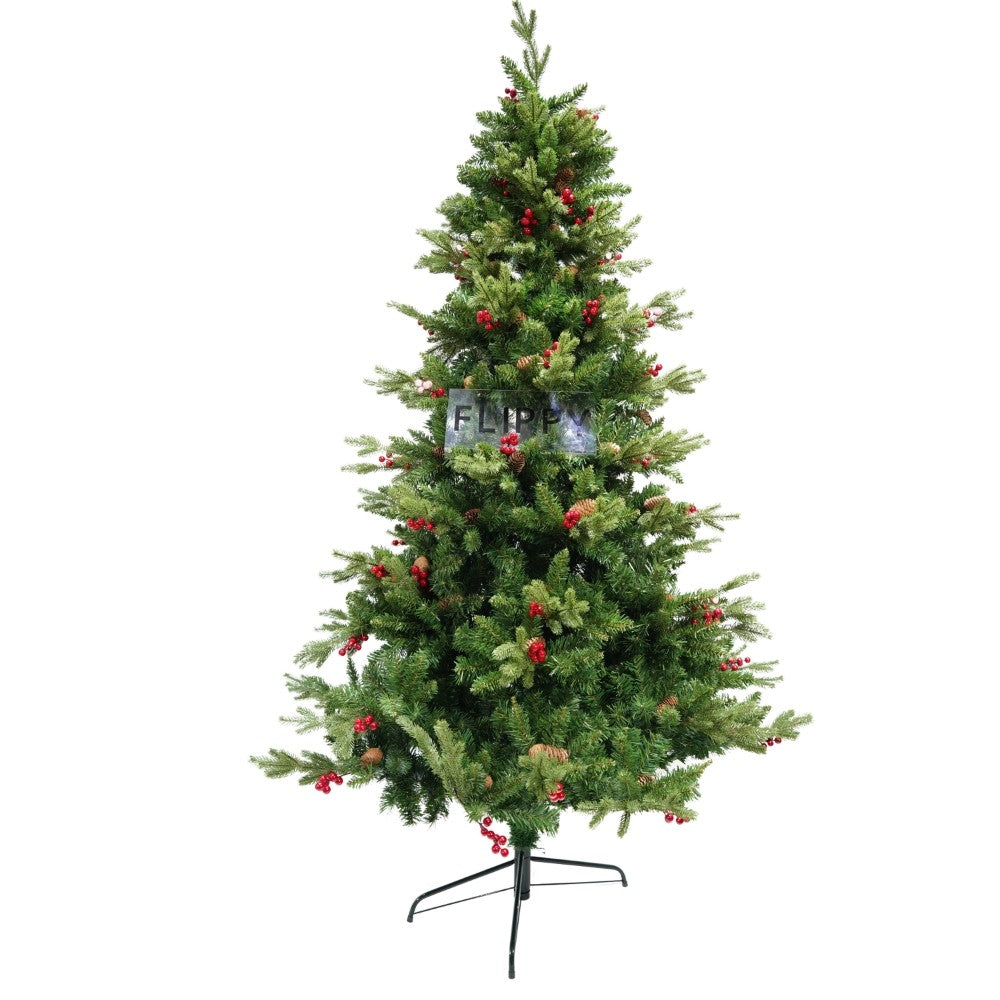 Brad Artificial De Craciun Cu Conuri De Pin Rosii, Aspect Natural Dens, Ace 2D Si 3D, Suport Metalic Inclus, 1172 Ramuri, Inaltime 210 cm, Diametru 137 cm, Verde