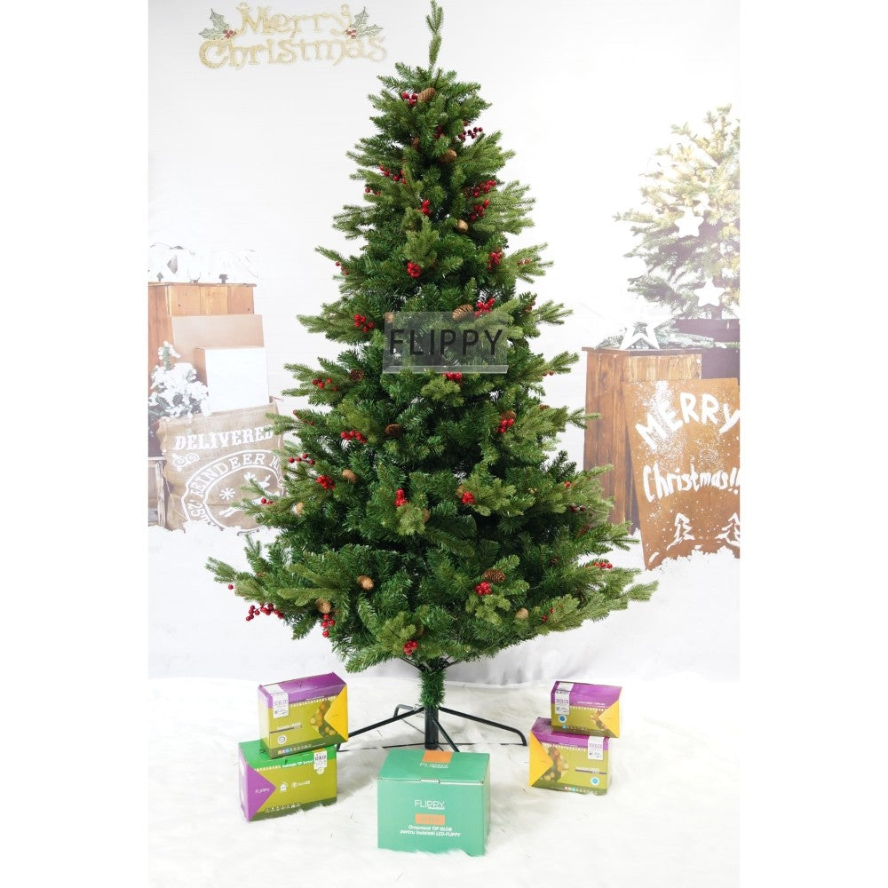 Brad Artificial De Craciun Cu Conuri De Pin Rosii, Aspect Natural Dens, Ace 2D Si 3D, Suport Metalic Inclus, 1172 Ramuri, Inaltime 210 cm, Diametru 137 cm, Verde
