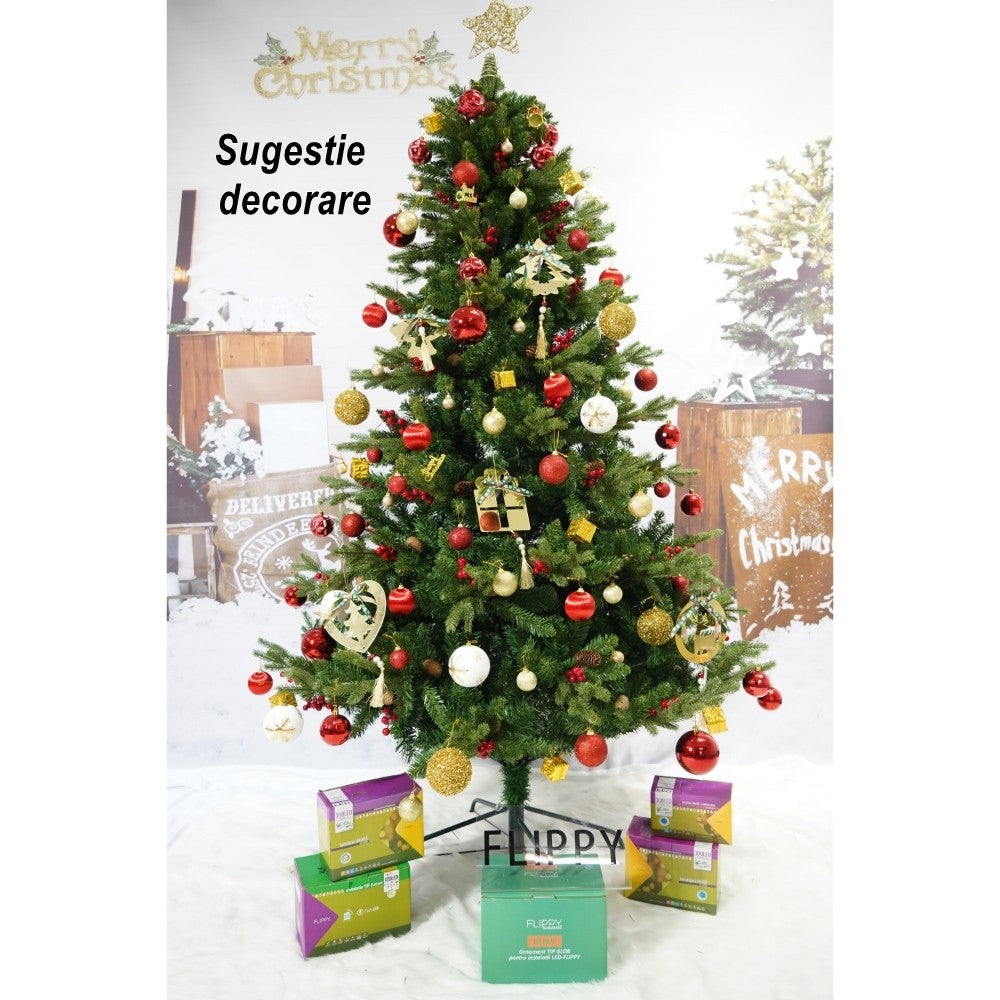 Brad Artificial De Craciun Cu Conuri De Pin Rosii, Aspect Natural Dens, Ace 2D Si 3D, Suport Metalic Inclus, 1172 Ramuri, Inaltime 210 cm, Diametru 137 cm, Verde