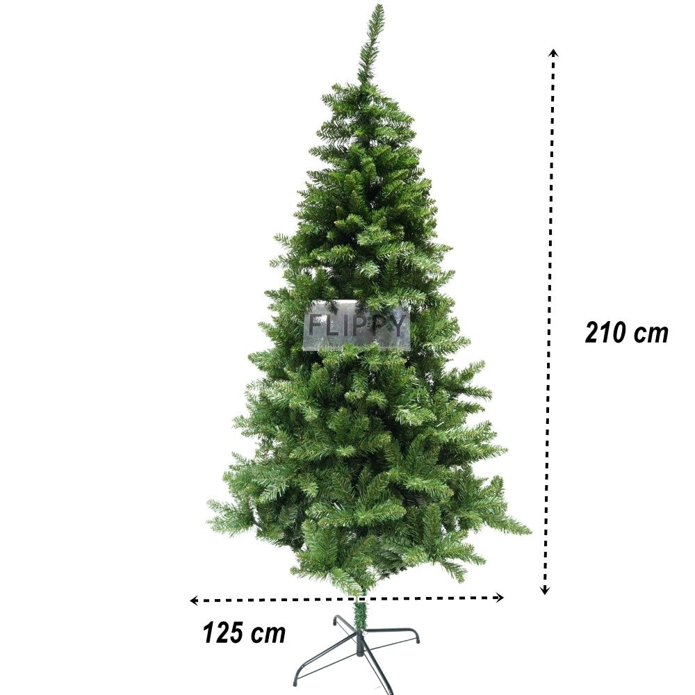Brad Artificial de Craciun Clasic, Model Bogat cu 957 Ramuri, Ace Flexibile din PVC, Suport Metalic Inclus, Inaltime 210 cm, Diametru 125 cm, Verde