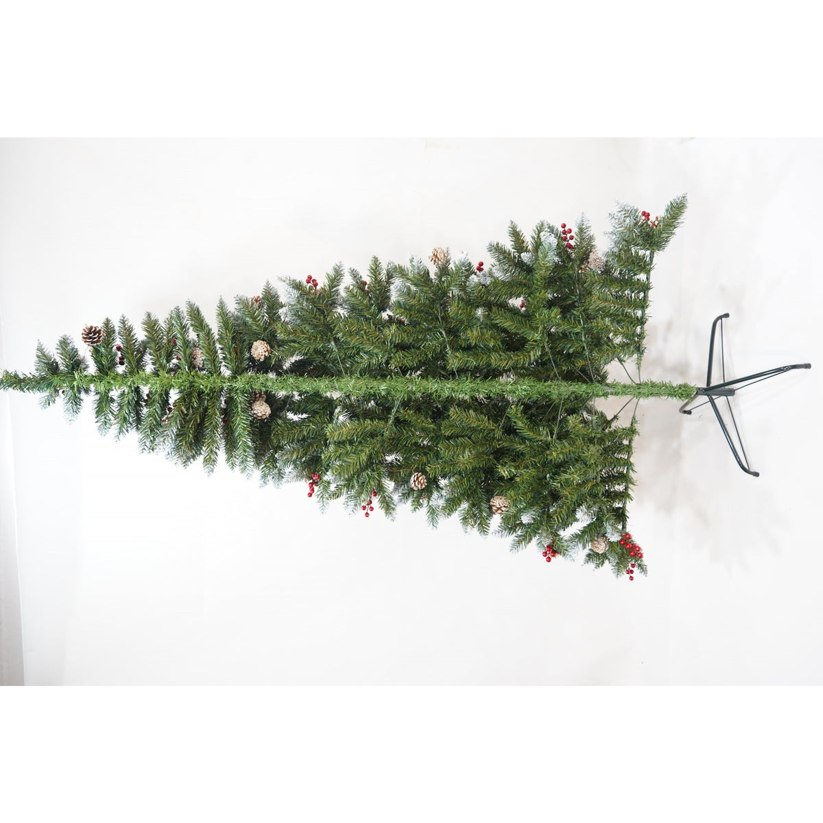 Brad Artificial de Craciun pentru Perete sau Colt, Brad cu Spate Plat, Structura Metalica si Ace PVC, Inaltime 1.80 m, Diametru 95 cm, Include Decoratiuni Conuri si Vasc, Verde
