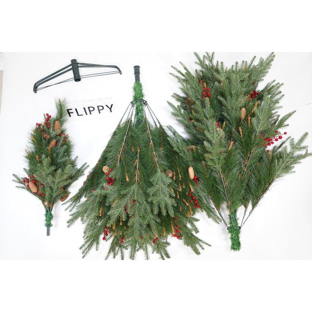 Brad Artificial de Crăciun cu Conuri de Pin Roșii, Aspect Natural, 323 Ramuri, PVC, Verde, Înălțime 150 cm, Diametru 104 cm, Suport Metalic Inclus
